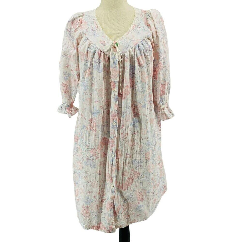 Vintage Lands End House Coat Floral Button Front Robe Lightweight Size Medium